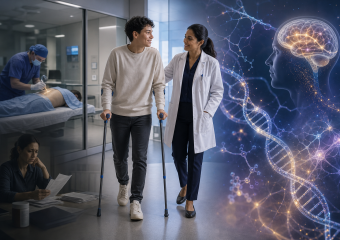 A patient using crutches walks with a doctor in a hospital beside glowing brain and DNA imagery