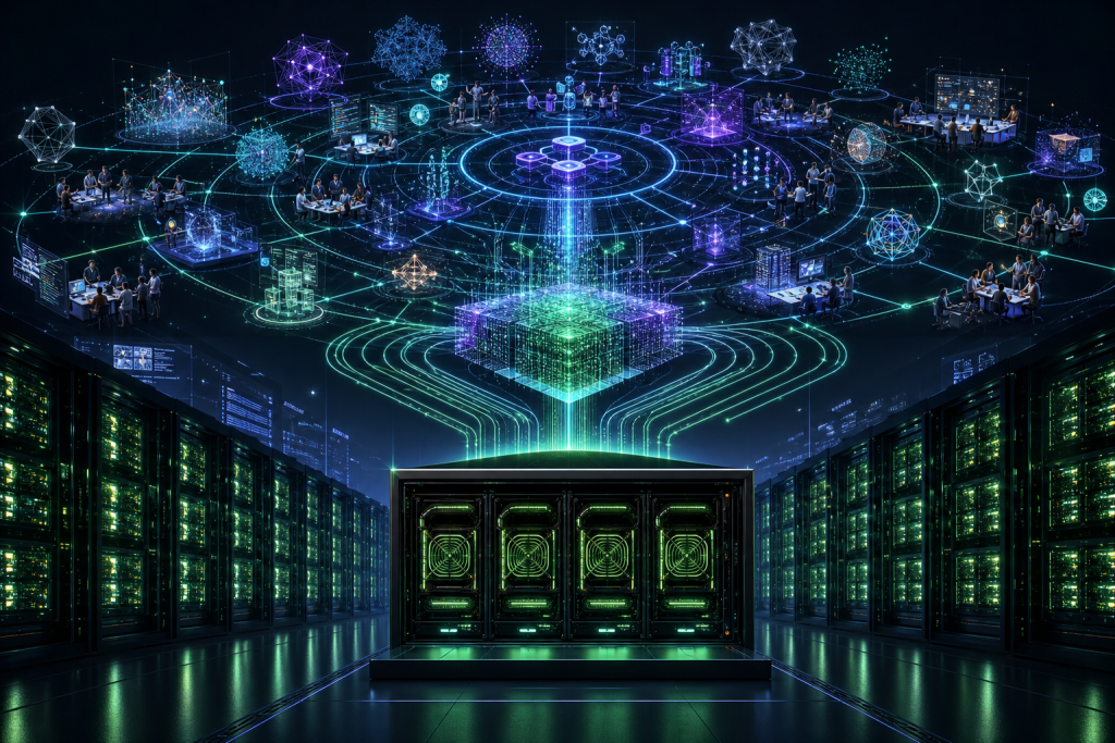 A server rack in a data center connects to a holographic network of computers, data visualizations, and teams of people
