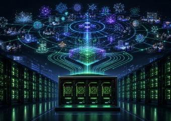 A server rack in a data center connects to a holographic network of computers, data visualizations, and teams of people