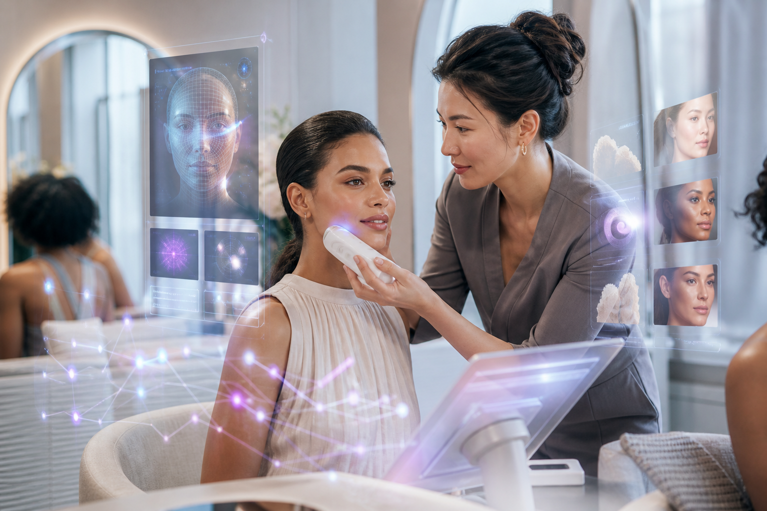 Aesthetician uses a handheld device to examine a woman's facial skin, with digital skin-analysis displays surrounding them
