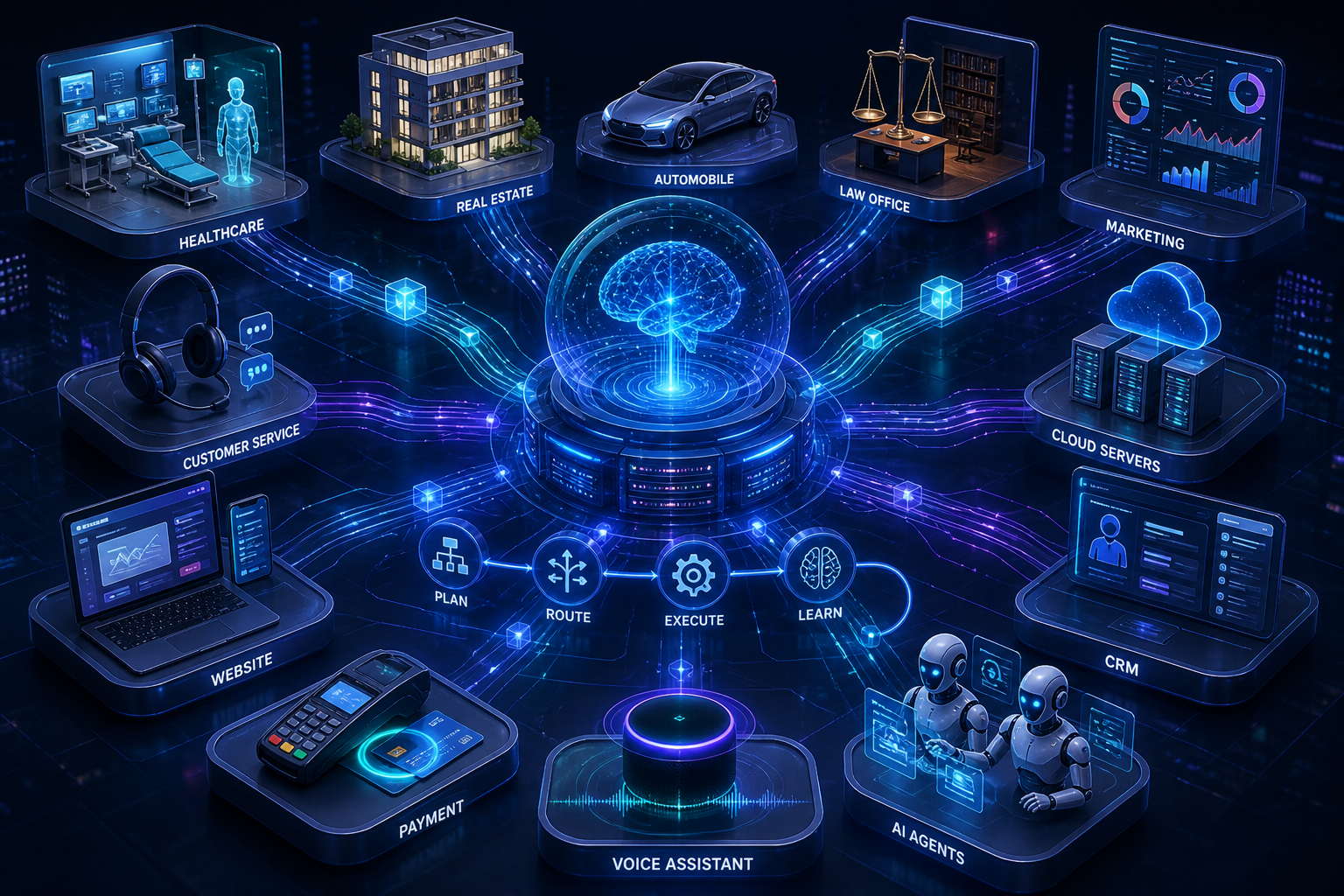 AI platform connecting healthcare, real estate, automotive, legal, marketing, customer service, cloud, CRM, payment, voice, and AI agent systems