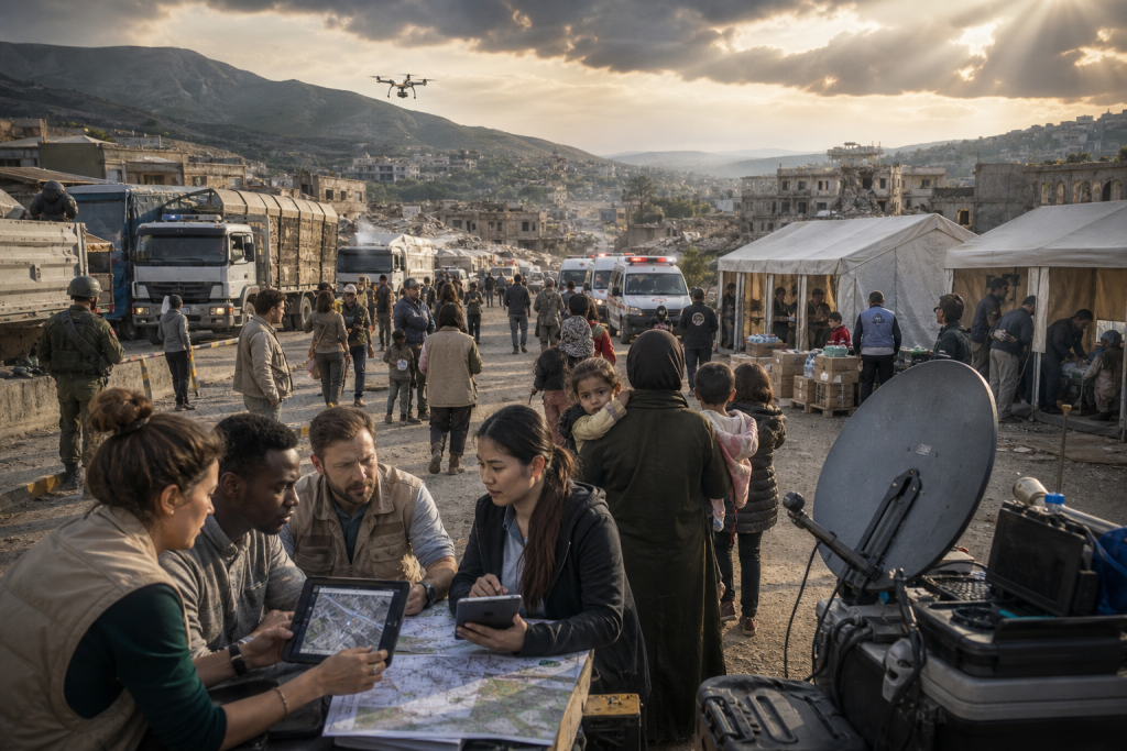 Aid workers coordinate relief efforts beside tents, trucks, and an ambulance in a damaged mountain city
