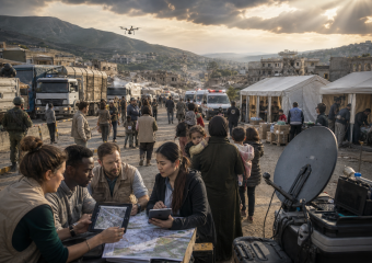 Aid workers coordinate relief efforts beside tents, trucks, and an ambulance in a damaged mountain city