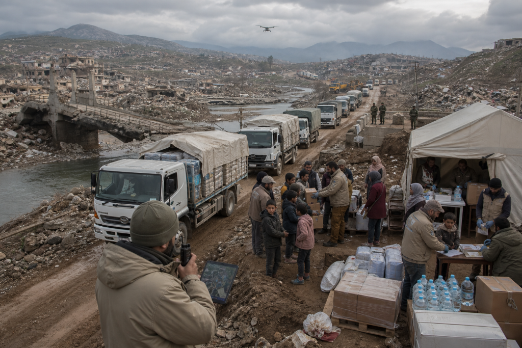 Aid workers distribute food and water beside supply trucks in a devastated mountain city