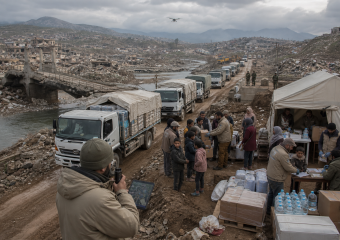 Aid workers distribute food and water beside supply trucks in a devastated mountain city