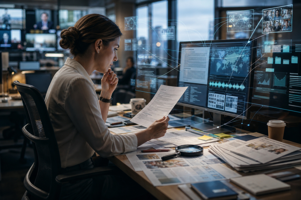 Analyst reviewing documents at a desk with monitors displaying global maps, charts, and connected video feeds
