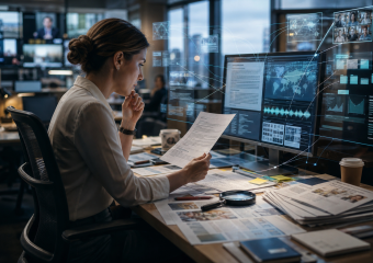 Analyst reviewing documents at a desk with monitors displaying global maps, charts, and connected video feeds