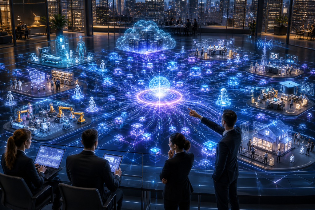 Business leaders view an interconnected digital ecosystem linking cloud computing, AI, robotics, healthcare, manufacturing, retail, and smart homes