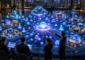 Business leaders view an interconnected digital ecosystem linking cloud computing, AI, robotics, healthcare, manufacturing, retail, and smart homes