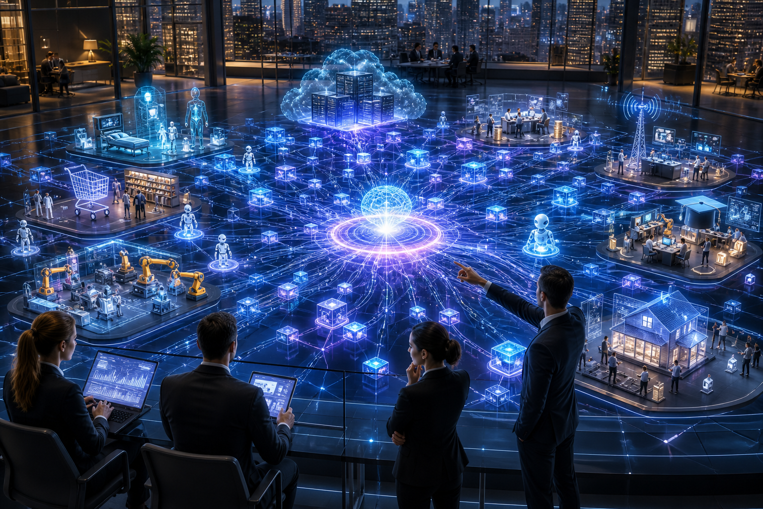 Business leaders view an interconnected digital ecosystem linking cloud computing, AI, robotics, healthcare, manufacturing, retail, and smart homes