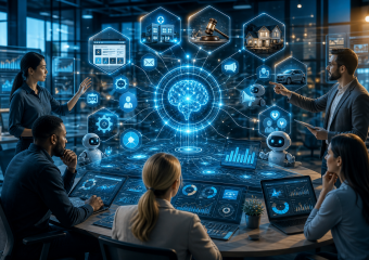 Business team collaborating around a table with a glowing AI brain hologram, robots, and data dashboards