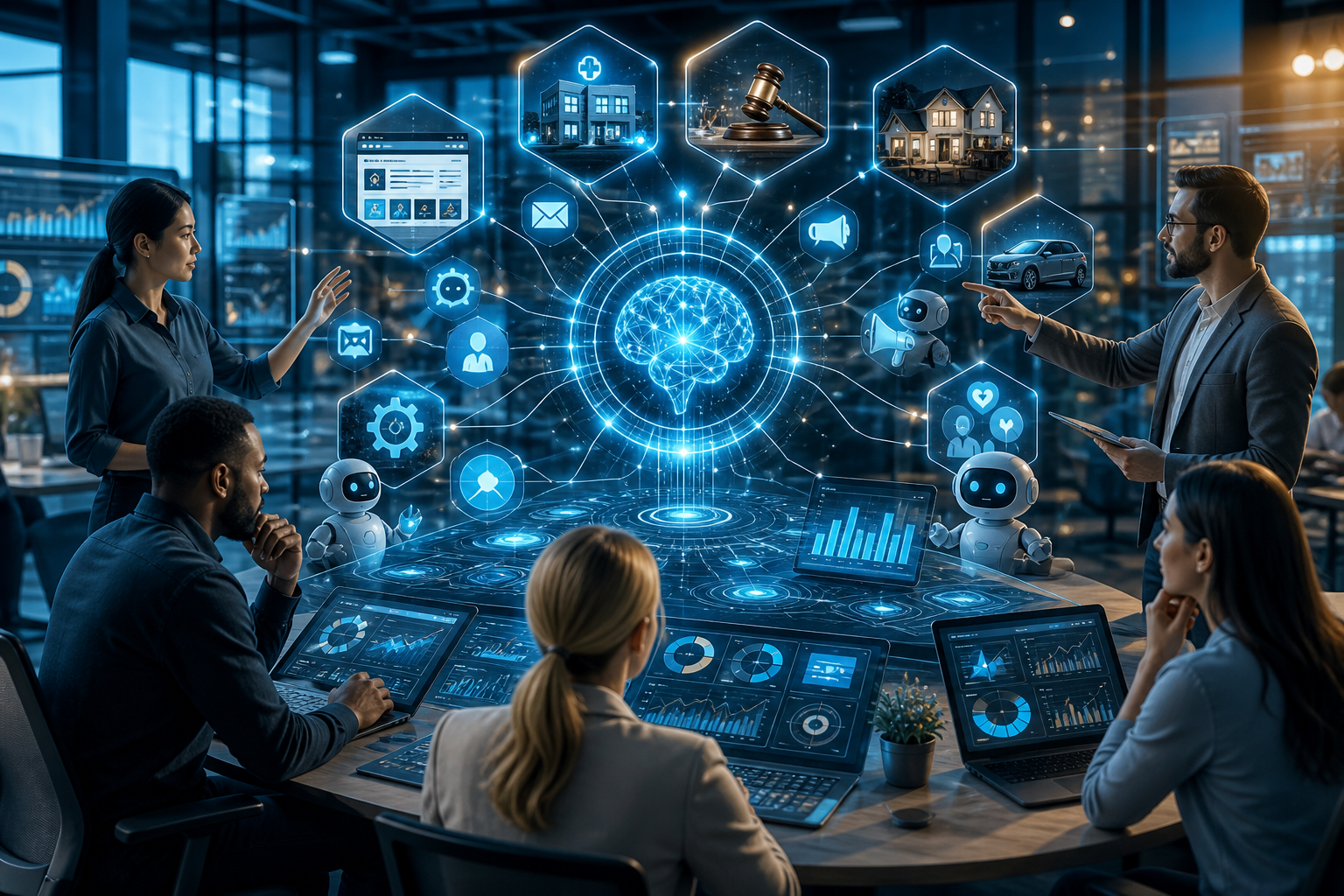 Business team collaborating around a table with a glowing AI brain hologram, robots, and data dashboards