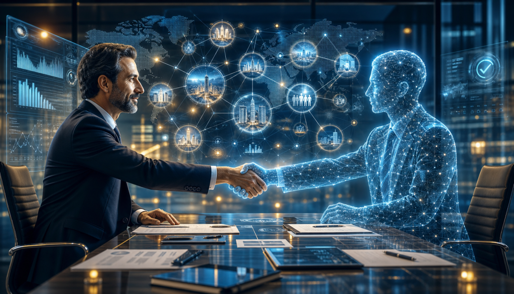 Businessman shaking hands with a digital AI figure across a table, symbolizing human–AI collaboration