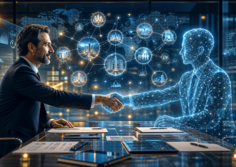 Businessman shaking hands with a digital AI figure across a table, symbolizing human–AI collaboration