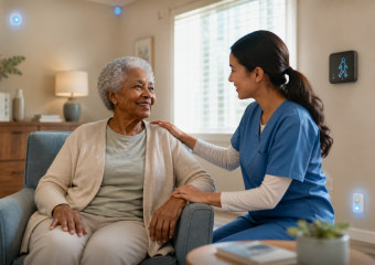 Caregiver in blue scrubs comforts an older woman seated in a living room