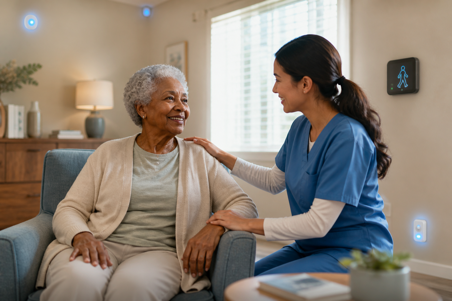 Caregiver in blue scrubs comforts an older woman seated in a living room