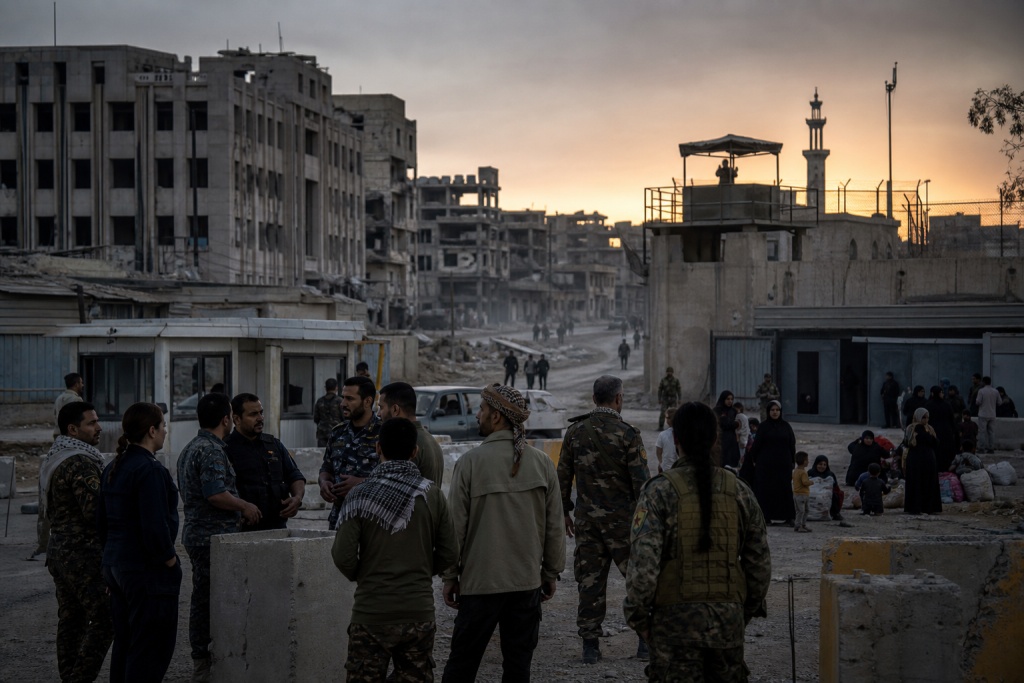 Civilians and armed personnel gather at a checkpoint amid war-damaged buildings at sunset