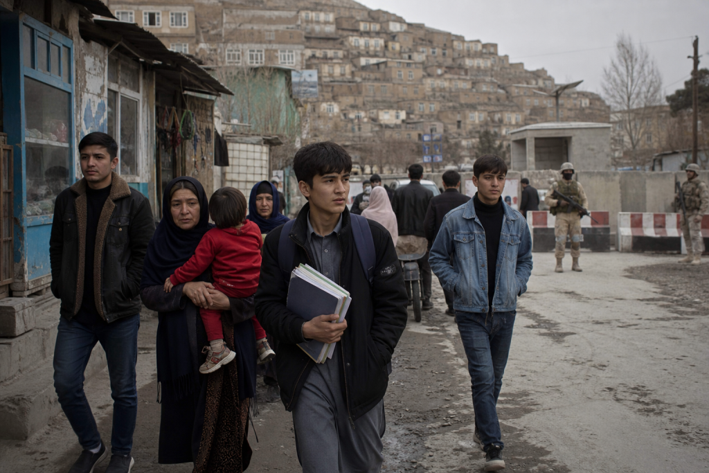 Civilians walk past armed soldiers on a city street below densely packed hillside buildings