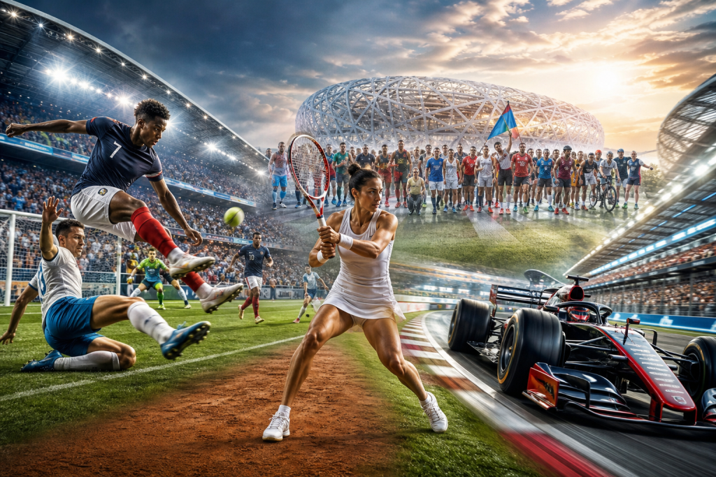 Collage celebrating sports, featuring soccer players, a tennis player, runners, and a Formula One car in stadiums