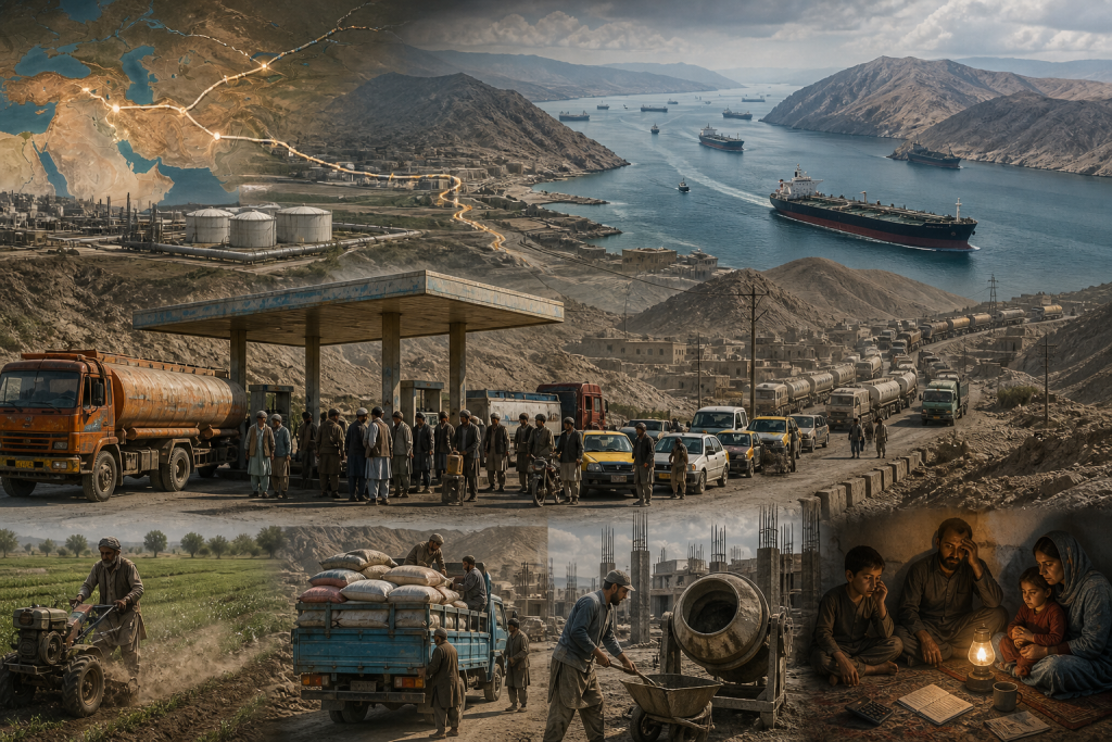 Collage depicting an interconnected regional economy: oil transport, shipping, agriculture, construction, traffic, and family life