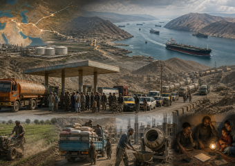 Collage depicting an interconnected regional economy: oil transport, shipping, agriculture, construction, traffic, and family life