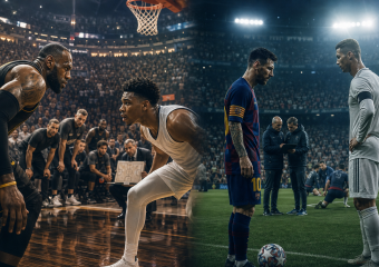 Composite scene of basketball and soccer players competing in brightly lit arenas with packed crowds