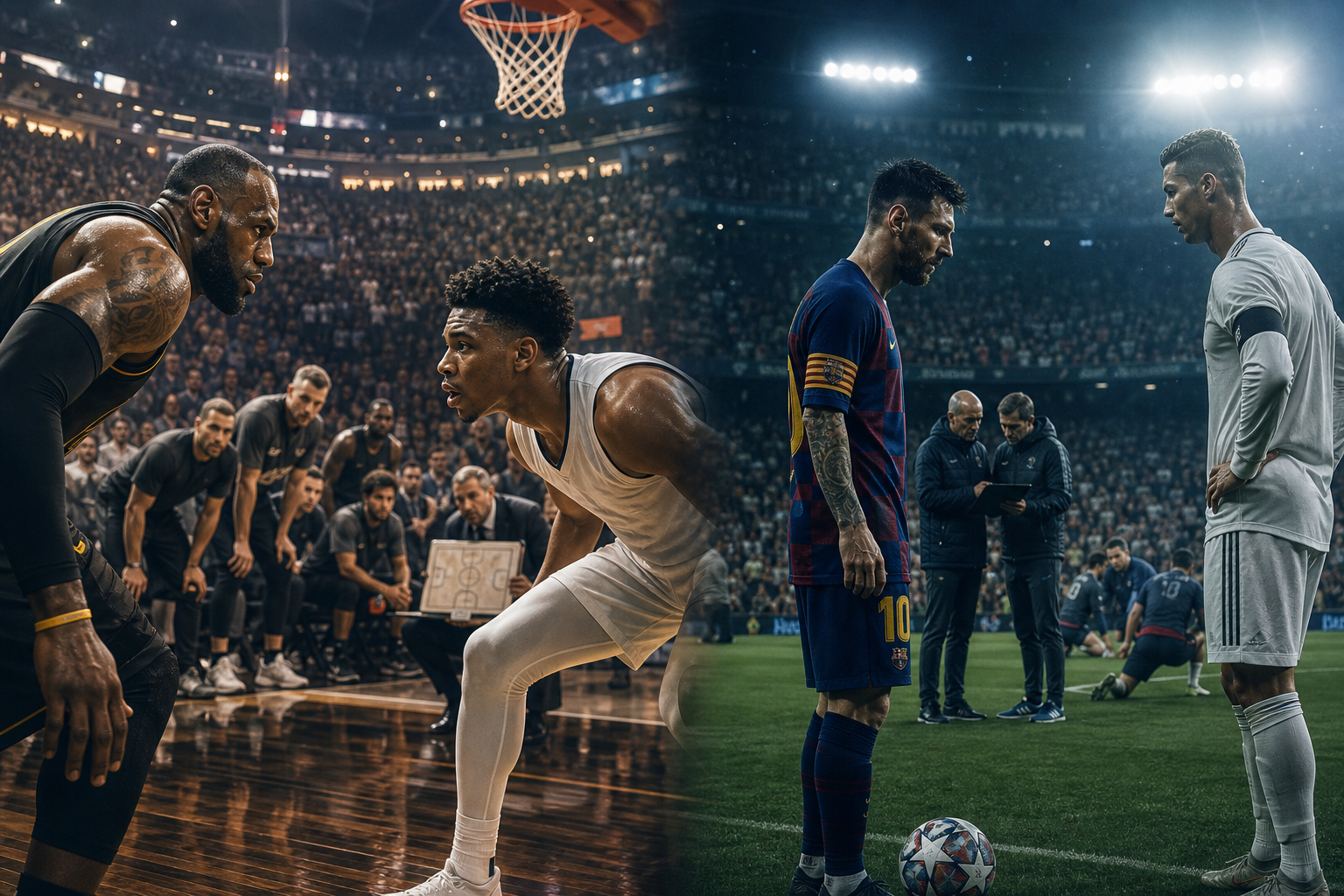Composite scene of basketball and soccer players competing in brightly lit arenas with packed crowds