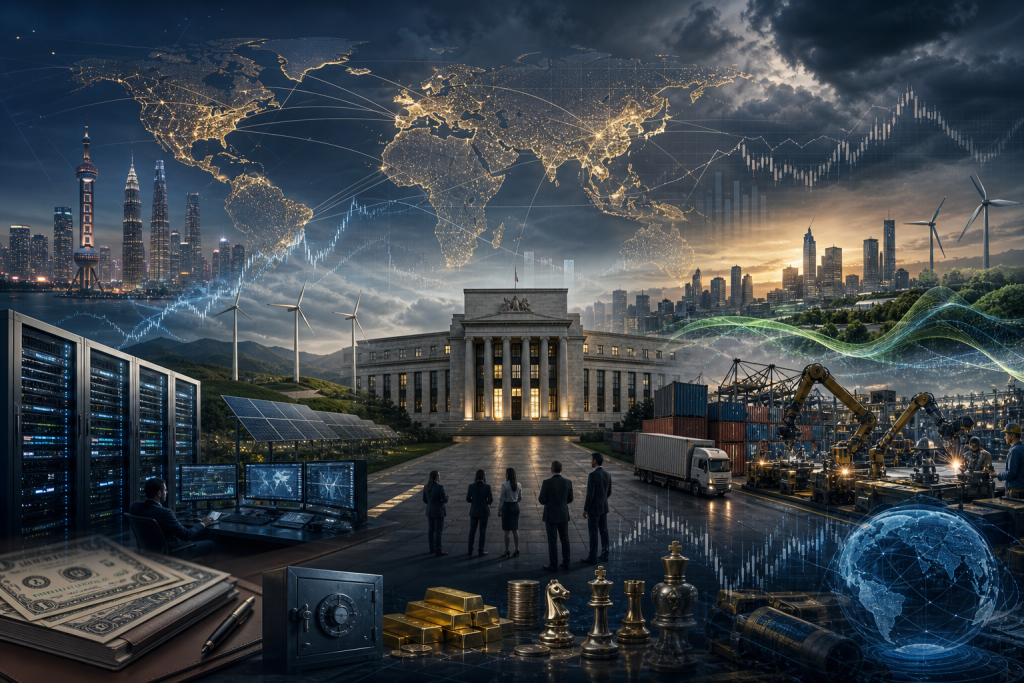 Conceptual collage of a globally interconnected economy, combining finance, technology, renewable energy, trade, and industry