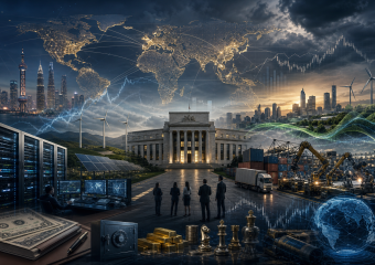 Conceptual collage of a globally interconnected economy, combining finance, technology, renewable energy, trade, and industry