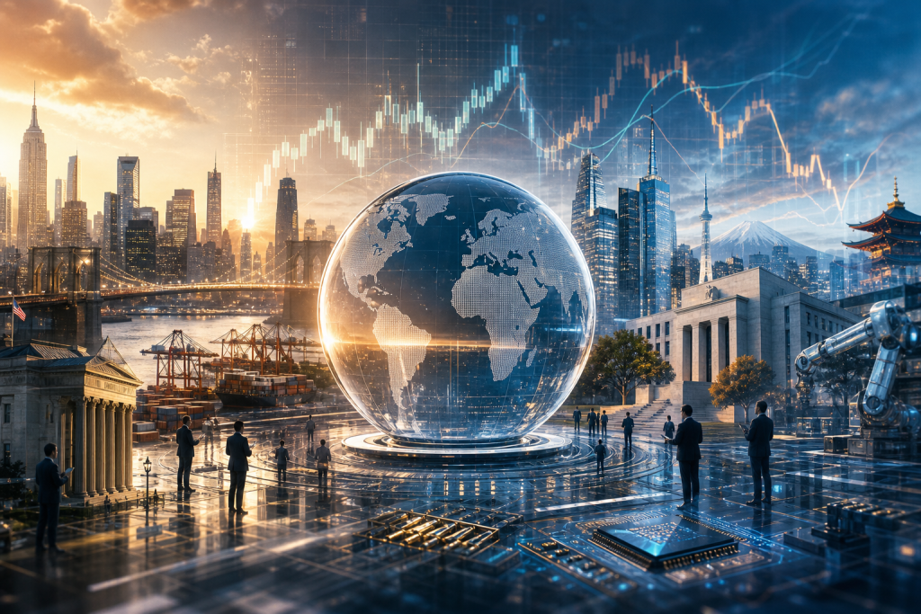 Conceptual global finance and technology scene with a digital globe, stock charts, city skylines, AI robot, and microchip