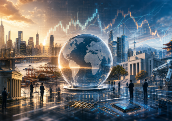 Conceptual global finance and technology scene with a digital globe, stock charts, city skylines, AI robot, and microchip