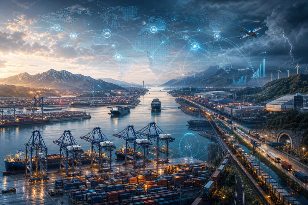 Conceptual illustration of a global logistics hub with cargo ships, containers, railways, highways, aircraft, wind turbines, and digital connections