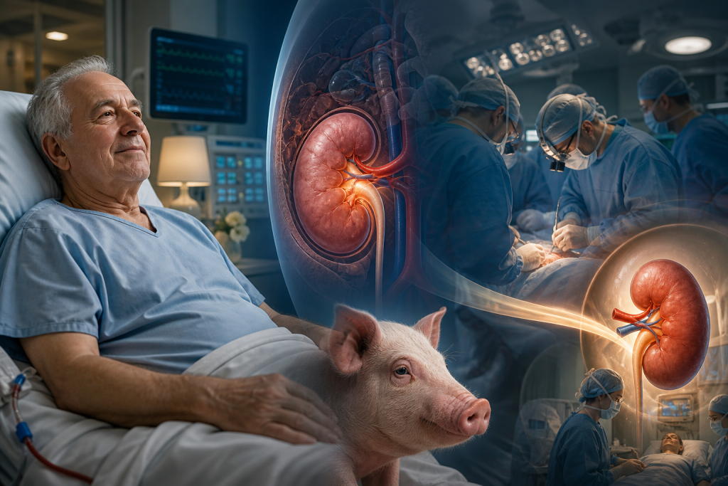 Conceptual illustration of a pig-to-human kidney transplant, with a patient, pig, kidney anatomy, and surgeons