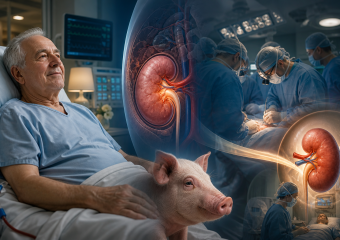 Conceptual illustration of a pig-to-human kidney transplant, with a patient, pig, kidney anatomy, and surgeons