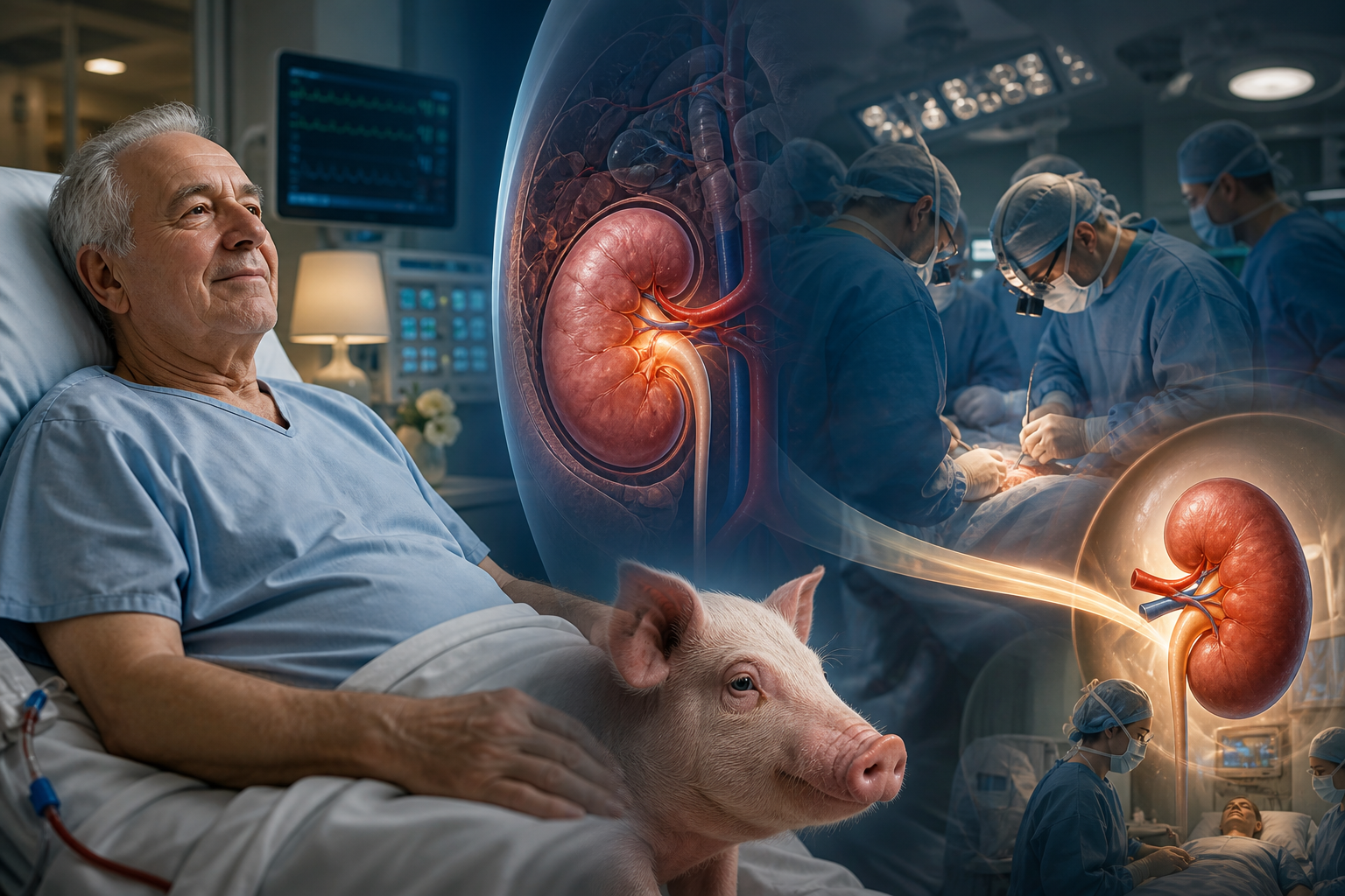 Conceptual illustration of a pig-to-human kidney transplant, with a patient, pig, kidney anatomy, and surgeons