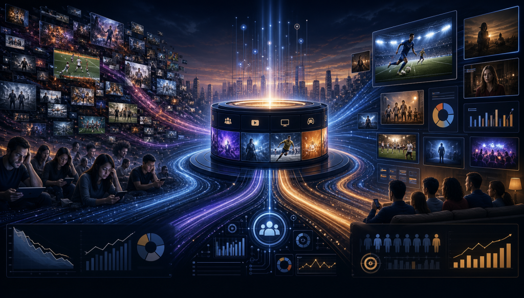 Conceptual media platform showing streaming content, audiences, and analytics converging around a digital media hub