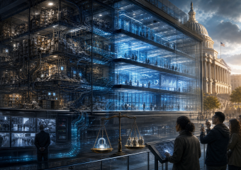 Conceptual scene of a transparent data center beside the U.S. Capitol, with surveillance monitors, digital networks, a lock, and scales of justice