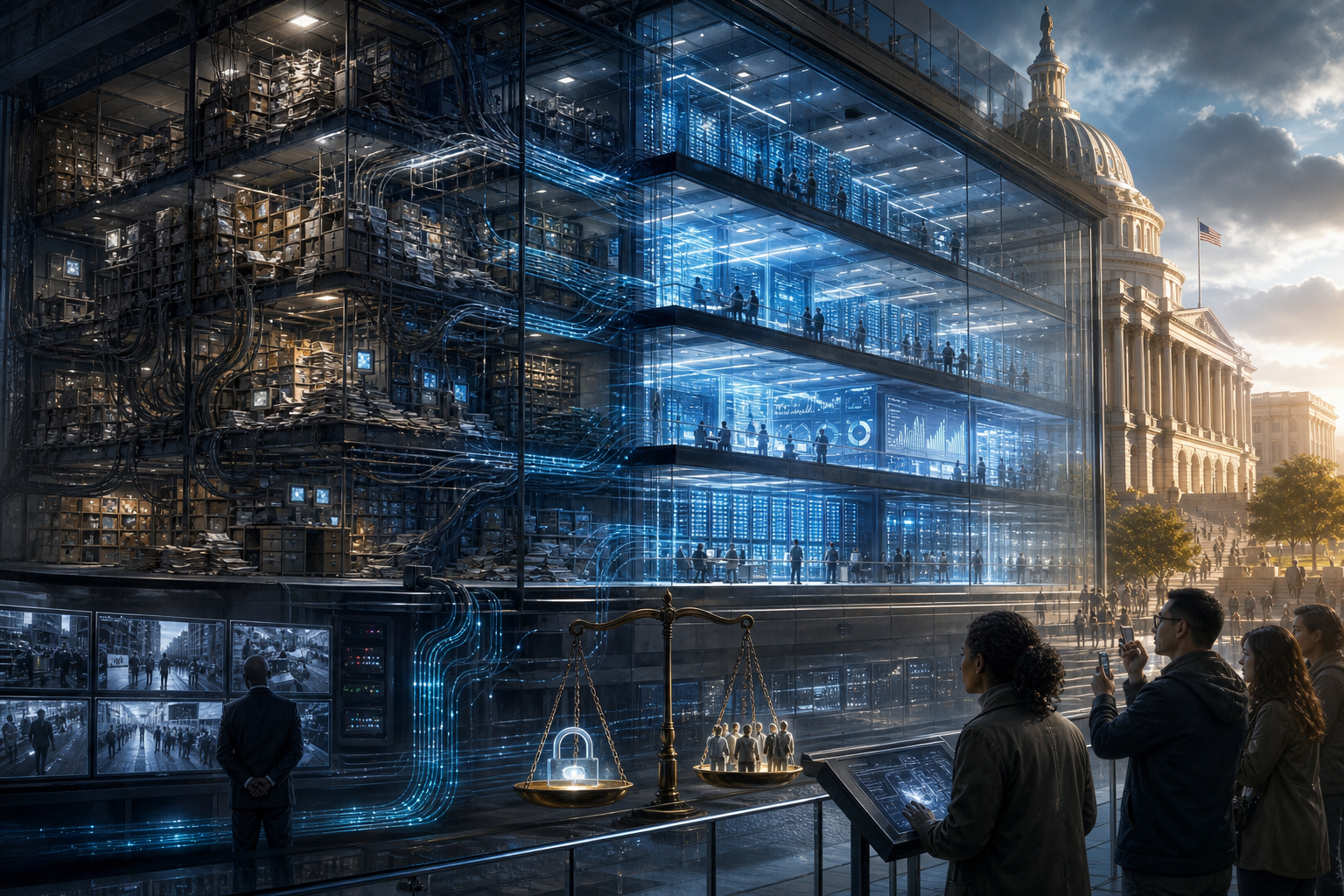 Conceptual scene of a transparent data center beside the U.S. Capitol, with surveillance monitors, digital networks, a lock, and scales of justice