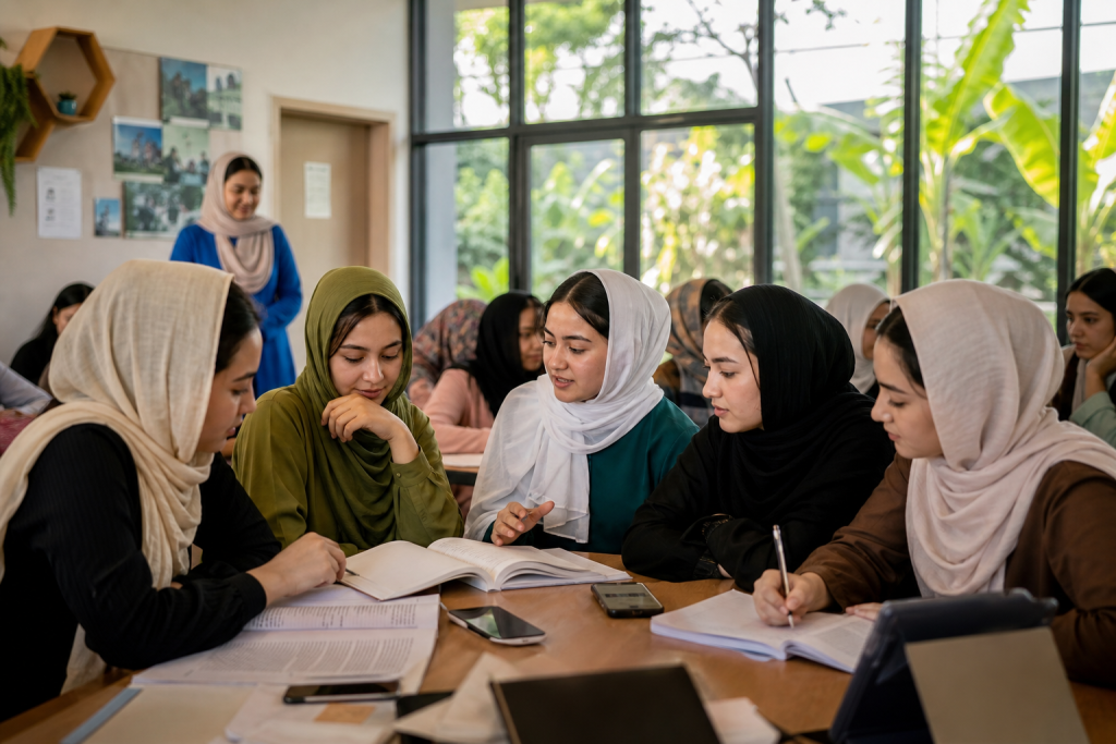 Create a high-quality editorial documentary-style image of Afghan teenage girls studying together on the bright, permanent campus of a school in Rwanda. Show students in modest contemporary clothing and colorful headscarves seated around desks with open books, notebooks, and a few smartphones, engaged in focused learning with supportive female educators nearby. Include warm natural light, lush Rwandan greenery visible through windows, clean modern classrooms, and subtle visual hints of online education and connection beyond the campus without readable screens or text. The mood should be dignified, hopeful, resilient, and safe, emphasizing education, community, and future leadership. Photorealistic composition, authentic human expressions, natural colors, cinematic but understated lighting, candid journalistic framing, no captions, logos, or branding.