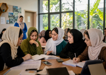 Create a high-quality editorial documentary-style image of Afghan teenage girls studying together on the bright, permanent campus of a school in Rwanda. Show students in modest contemporary clothing and colorful headscarves seated around desks with open books, notebooks, and a few smartphones, engaged in focused learning with supportive female educators nearby. Include warm natural light, lush Rwandan greenery visible through windows, clean modern classrooms, and subtle visual hints of online education and connection beyond the campus without readable screens or text. The mood should be dignified, hopeful, resilient, and safe, emphasizing education, community, and future leadership. Photorealistic composition, authentic human expressions, natural colors, cinematic but understated lighting, candid journalistic framing, no captions, logos, or branding.