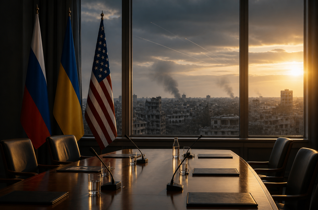 Create a high-quality editorial news image portraying fragile peace diplomacy amid an ongoing war: a dimly lit negotiation room with three national flags of Russia, Ukraine, and the United States beside an empty conference table, folders and microphones prepared but no people present, suggesting talks that have not yet begun. Through large windows, show a stark contrast between a distant damaged Ukrainian city with smoke and faint drone trails and a pale sunrise breaking through heavy clouds. Somber, tense, cautiously hopeful atmosphere; realistic photojournalism, cinematic natural lighting, muted blue-gray and amber palette, subtle geopolitical symbolism, wide composition, no text, captions, logos, or branding.