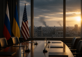 Create a high-quality editorial news image portraying fragile peace diplomacy amid an ongoing war: a dimly lit negotiation room with three national flags of Russia, Ukraine, and the United States beside an empty conference table, folders and microphones prepared but no people present, suggesting talks that have not yet begun. Through large windows, show a stark contrast between a distant damaged Ukrainian city with smoke and faint drone trails and a pale sunrise breaking through heavy clouds. Somber, tense, cautiously hopeful atmosphere; realistic photojournalism, cinematic natural lighting, muted blue-gray and amber palette, subtle geopolitical symbolism, wide composition, no text, captions, logos, or branding.