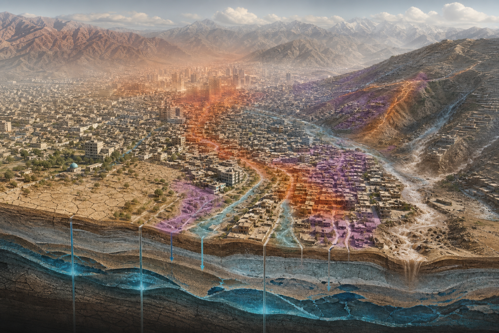 Create a high-quality editorial-style aerial illustration of Kabul, Afghanistan, showing a dense expanding city basin surrounded by rugged mountains, with multiple environmental pressures visibly converging in the same neighborhoods: dry cracked earth and sparse vegetation suggesting drought, shimmering heat haze over built-up districts, eroded hillsides and dusty runoff channels, intermittent floodwater collecting along urban drainage paths, and a subtle cutaway beneath the city revealing declining groundwater layers and stressed aquifers. Use a sophisticated geospatial visualization aesthetic with layered translucent color zones and softly blended hazard overlays, but no labels, legends, text, logos, or borders. Emphasize interconnected vulnerability rather than a single disaster, balancing realistic urban detail with clear scientific visual storytelling, muted earth tones contrasted with restrained amber, rust, blue, and violet overlays, atmospheric daylight, cinematic composition, publication-quality environmental science imagery.