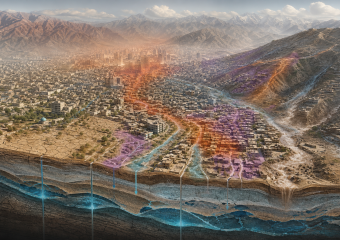 Create a high-quality editorial-style aerial illustration of Kabul, Afghanistan, showing a dense expanding city basin surrounded by rugged mountains, with multiple environmental pressures visibly converging in the same neighborhoods: dry cracked earth and sparse vegetation suggesting drought, shimmering heat haze over built-up districts, eroded hillsides and dusty runoff channels, intermittent floodwater collecting along urban drainage paths, and a subtle cutaway beneath the city revealing declining groundwater layers and stressed aquifers. Use a sophisticated geospatial visualization aesthetic with layered translucent color zones and softly blended hazard overlays, but no labels, legends, text, logos, or borders. Emphasize interconnected vulnerability rather than a single disaster, balancing realistic urban detail with clear scientific visual storytelling, muted earth tones contrasted with restrained amber, rust, blue, and violet overlays, atmospheric daylight, cinematic composition, publication-quality environmental science imagery.