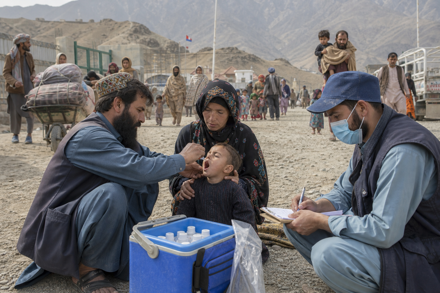 Create a respectful editorial-style documentary image of a nationwide polio vaccination campaign in Afghanistan: a trained health worker in a modest medical vest gently administers oral vaccine drops to a young child in a rural community, while the child’s caregiver looks on and another team member records the visit. Show a rugged Afghan landscape with dusty mountain terrain, simple homes, and families moving through a busy border or transit crossing in the background, subtly conveying difficult access, population movement, and cooperation between health teams. Include a small cooler of vaccines and vitamin A supplies without readable labels, warm natural daylight, authentic human expressions, realistic clothing and cultural details, emotionally hopeful but serious public-health atmosphere, photorealistic international news photography, high detail, no text, no captions, no logos, no branding.