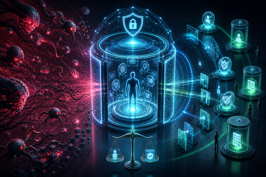Create a sophisticated editorial-style conceptual illustration of the new era of cybersecurity and digital privacy: a glowing digital network and transparent data vault at the center, protecting a human silhouette and delicate personal data symbols, while shadowy abstract AI-driven attack patterns, automated bot swarms, phishing-like tendrils, and fragmented code approach from the surrounding darkness. Show the defensive side with layered zero-trust barriers, continuous monitoring rings, intelligent threat-detection interfaces, encrypted pathways, and a calm blue-green protective glow; contrast it with the hostile side in deep red and magenta tones. Convey privacy-by-design, data minimization, consent, accountability, and digital trust through visual metaphors such as sealed data capsules, selective access gates, and balanced security shields. Futuristic but credible, cinematic lighting, polished 3D editorial composition, high detail, clean negative space, no readable text, no logos, no branding.
