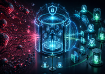 Create a sophisticated editorial-style conceptual illustration of the new era of cybersecurity and digital privacy: a glowing digital network and transparent data vault at the center, protecting a human silhouette and delicate personal data symbols, while shadowy abstract AI-driven attack patterns, automated bot swarms, phishing-like tendrils, and fragmented code approach from the surrounding darkness. Show the defensive side with layered zero-trust barriers, continuous monitoring rings, intelligent threat-detection interfaces, encrypted pathways, and a calm blue-green protective glow; contrast it with the hostile side in deep red and magenta tones. Convey privacy-by-design, data minimization, consent, accountability, and digital trust through visual metaphors such as sealed data capsules, selective access gates, and balanced security shields. Futuristic but credible, cinematic lighting, polished 3D editorial composition, high detail, clean negative space, no readable text, no logos, no branding.