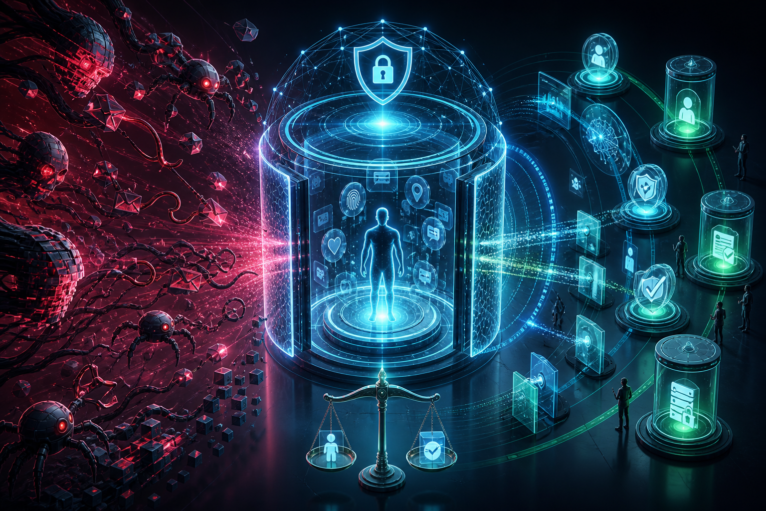 Create a sophisticated editorial-style conceptual illustration of the new era of cybersecurity and digital privacy: a glowing digital network and transparent data vault at the center, protecting a human silhouette and delicate personal data symbols, while shadowy abstract AI-driven attack patterns, automated bot swarms, phishing-like tendrils, and fragmented code approach from the surrounding darkness. Show the defensive side with layered zero-trust barriers, continuous monitoring rings, intelligent threat-detection interfaces, encrypted pathways, and a calm blue-green protective glow; contrast it with the hostile side in deep red and magenta tones. Convey privacy-by-design, data minimization, consent, accountability, and digital trust through visual metaphors such as sealed data capsules, selective access gates, and balanced security shields. Futuristic but credible, cinematic lighting, polished 3D editorial composition, high detail, clean negative space, no readable text, no logos, no branding.