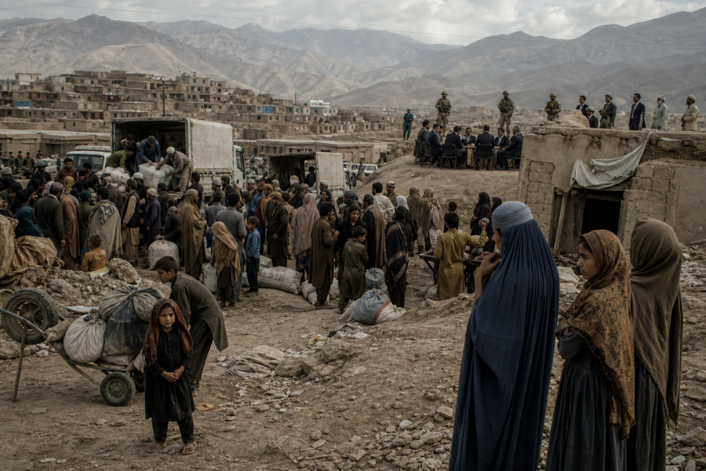 Crowd gathers around aid trucks in a mountainous settlement as officials meet nearby