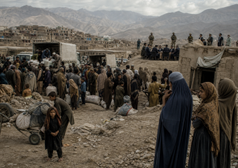 Crowd gathers around aid trucks in a mountainous settlement as officials meet nearby